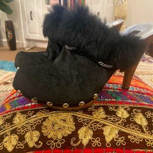 Nina Black Faux Fur Clog Mules with Studded Trim